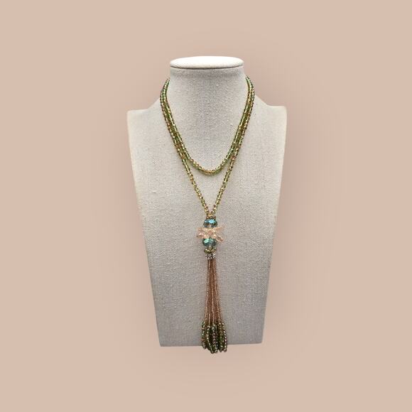 Champagne Beaded with Borealis Accents Long 3Necklace with Tassel - Picture 6 of 6